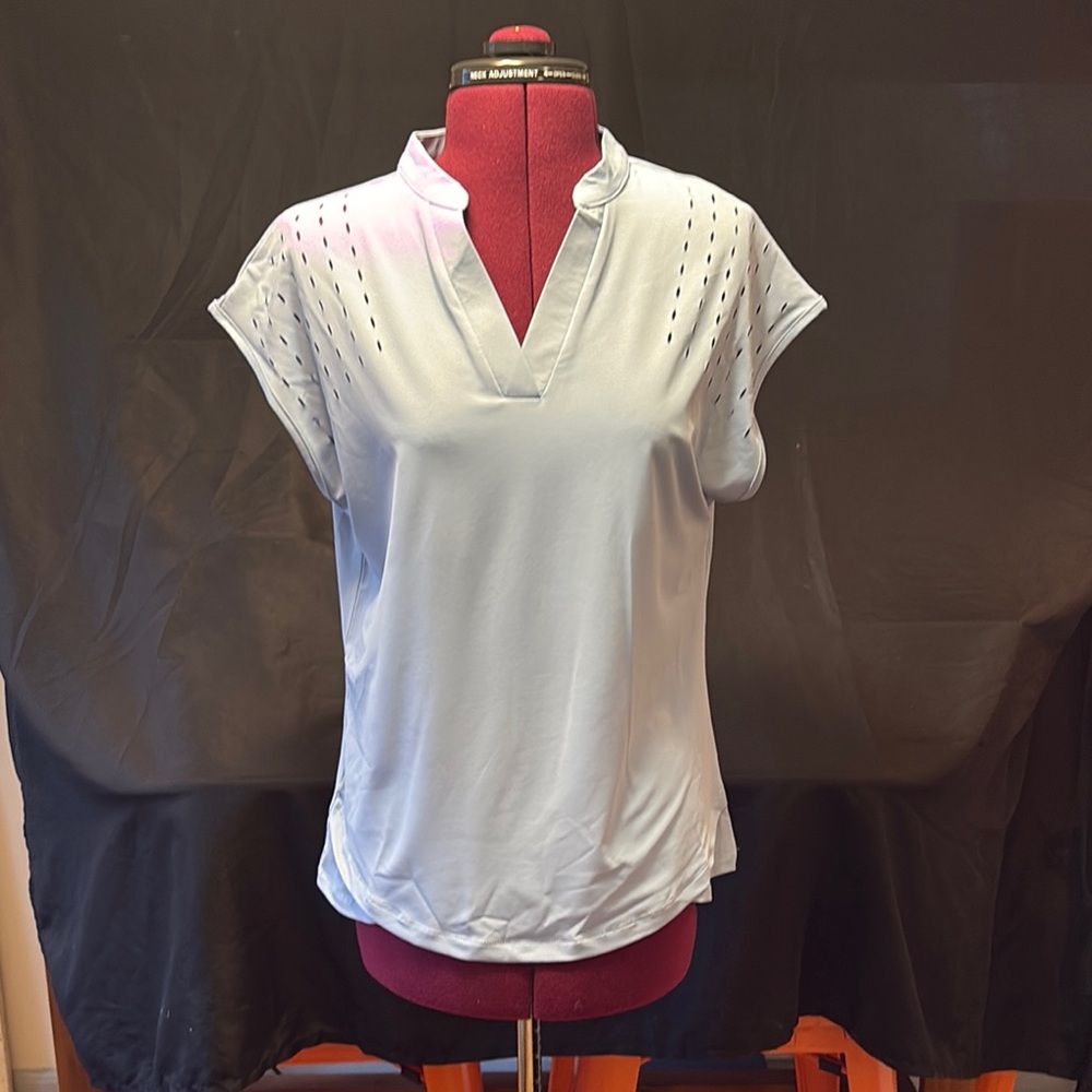 Women's Light Baby Blue Preppy Golf Top with Scalloped Bottom